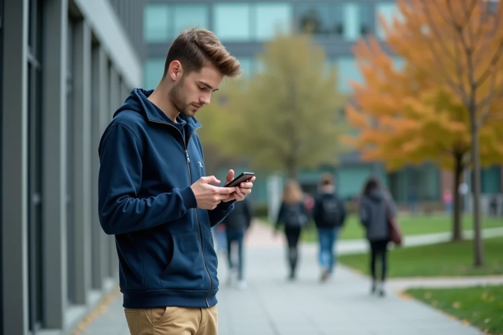 Étudiant consultant le portail Cristolink UPEC sur son smartphone à l'entrée du campus universitaire