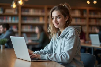 Étudiante connectée au portail Cristolink UPEC sur son ordinateur portable en bibliothèque universitaire