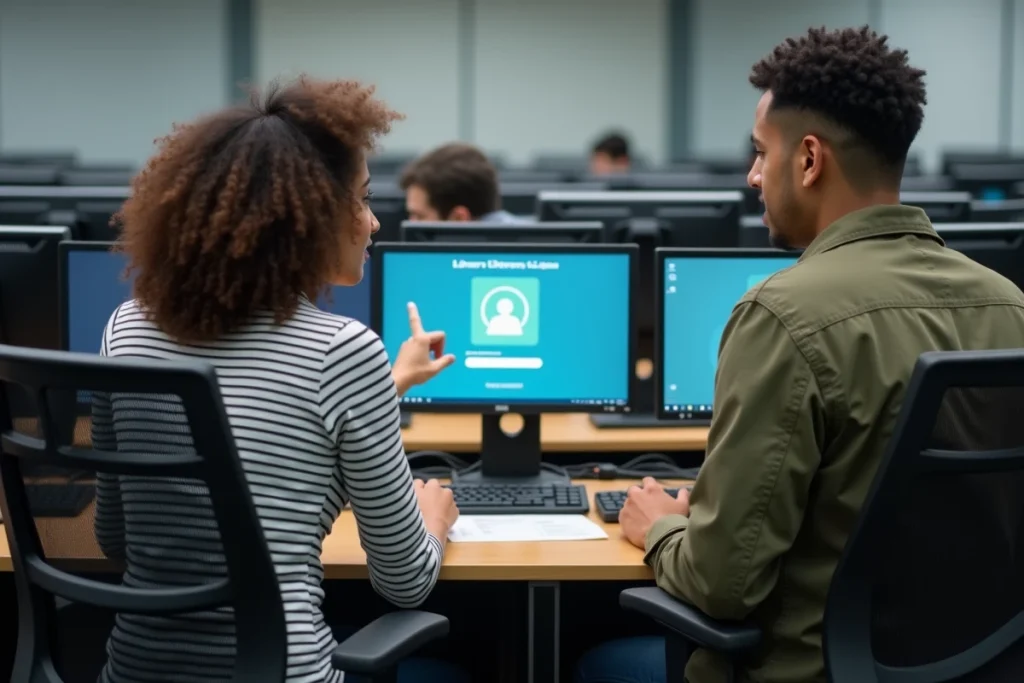 Deux étudiants utilisant ensemble le portail Cristolink UPEC dans une salle informatique de l'université