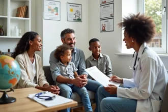 Famille en consultation médicale avant un voyage en Tanzanie pour les vaccins obligatoires