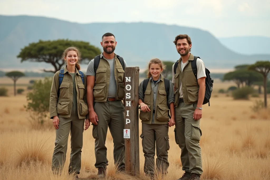 Famille en voyage en Tanzanie dans la savane après vaccination pour adultes et enfants