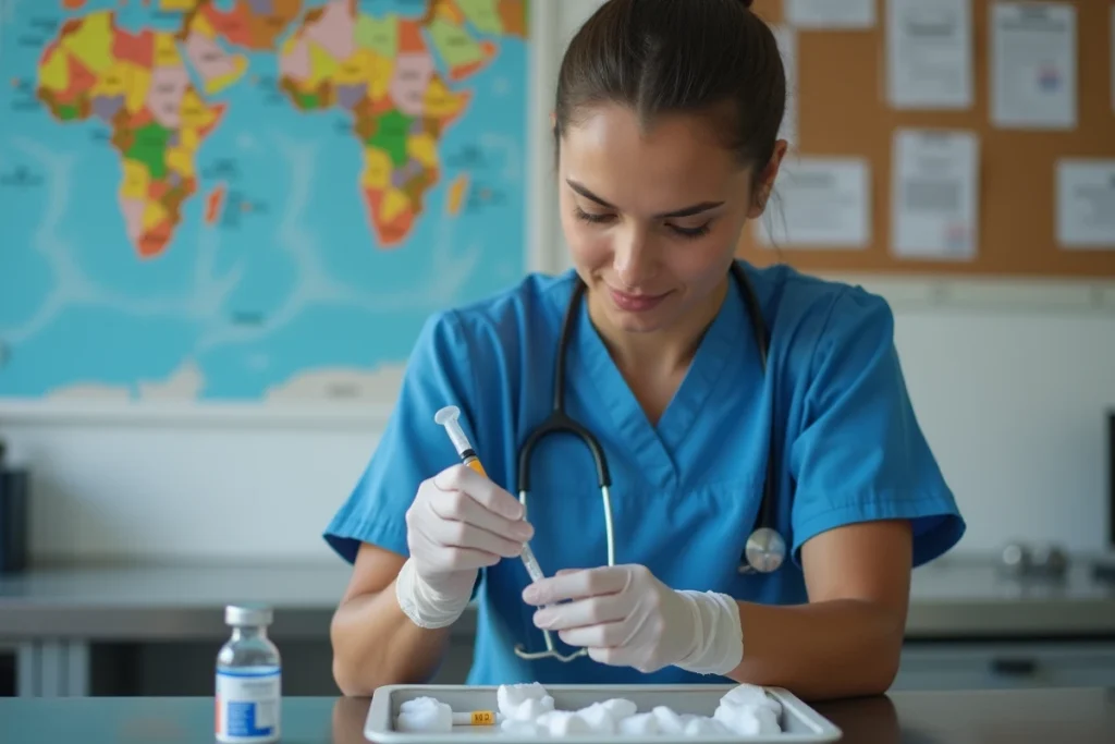 Infirmière préparant un vaccin pour un voyage en famille en Tanzanie