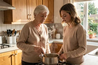 Une femme âgée et sa fille préparent un repas ensemble dans une cuisine chaleureuse, illustrant l'accompagnement familial pour l'autonomie des seniors