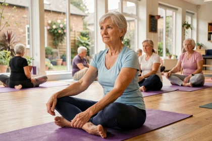 Femme âgée pratiquant des étirements adaptés sur un tapis de yoga dans un centre de bien-être pour seniors