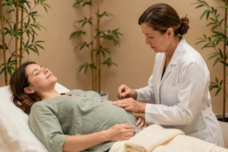 Femme enceinte recevant un traitement d'acupuncture au poignet pour soulager les nausées de grossesse dans un cabinet de bien-être apaisant