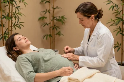 Femme enceinte recevant un traitement d'acupuncture au poignet pour soulager les nausées de grossesse dans un cabinet de bien-être apaisant