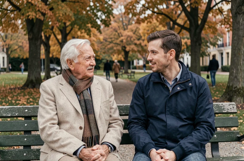 Un homme âgé et un homme plus jeune discutent assis sur un banc dans un parc en automne, symbolisant le maintien du lien intergénérationnel pour le bien-être des seniors