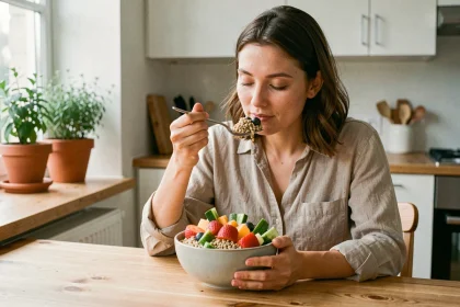 Femme pratiquant l'alimentation intuitive devant un bol coloré de fruits et légumes dans une cuisine en bois