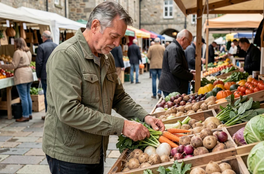 Homme choisissant des légumes frais au marché dans une démarche d'alimentation consciente et intuitive