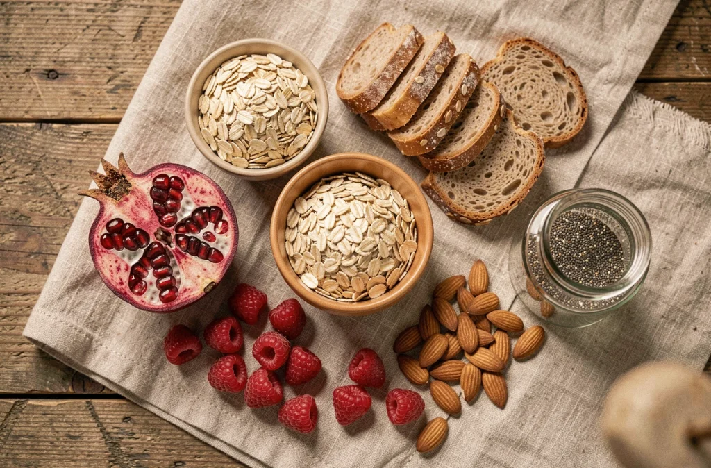 Assortiment d'aliments riches en fibres disposés sur une table en bois rustique : grenade, avoine, pain complet et graines de chia