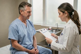 Médecin expliquant les résultats d'une analyse de sang avec taux de Gamma GT à un patient masculin en clinique médicale