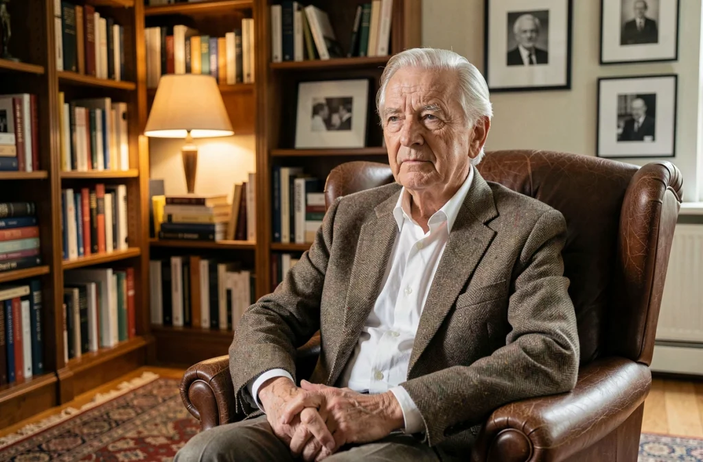 Ancien homme politique français âgé assis dans un fauteuil en cuir dans une bibliothèque privée au cadre intime