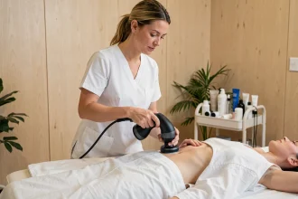 Masseuse professionnelle utilisant un appareil de massage à percussion électrique moderne dans une clinique de bien-être contemporaine