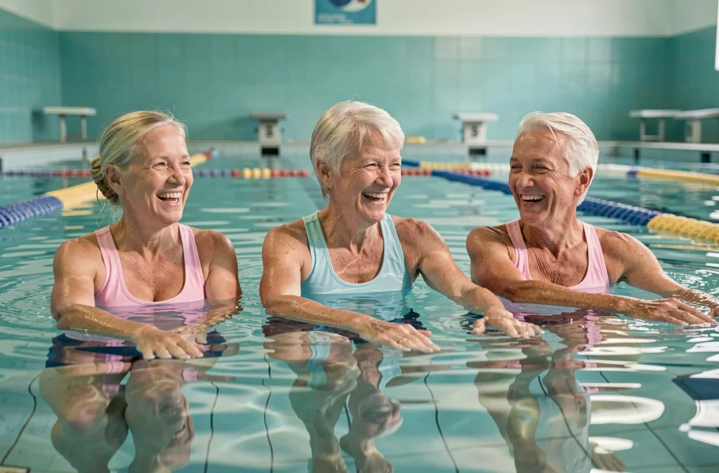 Groupe de seniors pratiquant l'aquagym dans une piscine couverte pour réduire les douleurs articulaires grâce à l'exercice doux