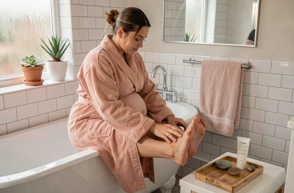 Femme enceinte pratiquant un auto-massage des pieds avec de la crème dans une salle de bain moderne pour soulager les jambes lourdes et stimuler la circulation