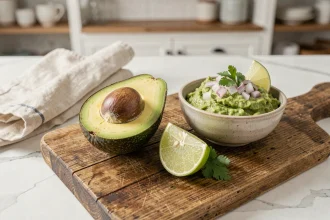 Avocat coupé en deux et bol de guacamole maison sur une planche en bois rustique dans une cuisine, vue du dessus