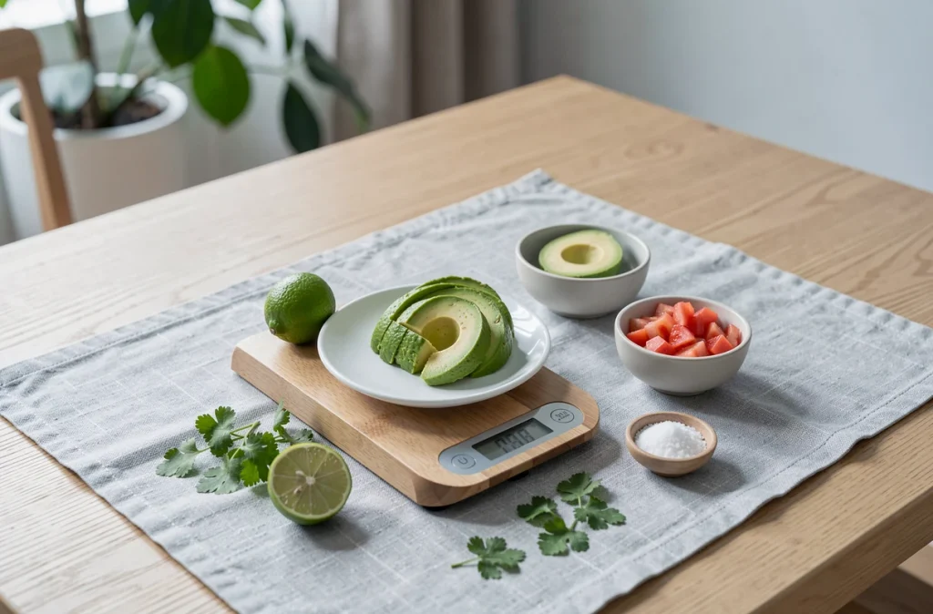 Balance de cuisine mesurant une portion d'avocat en tranches avec les ingrédients du guacamole sur une table scandinave minimaliste