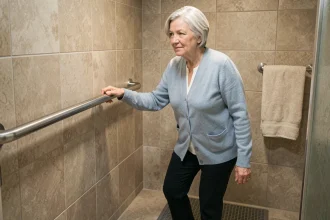 Femme âgée utilisant une barre d'appui installée dans une salle de bain pour prévenir les chutes à domicile