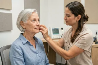 Une femme de plus de 60 ans lors d'un bilan auditif dans un cabinet d'audiologie moderne avec une audiologiste