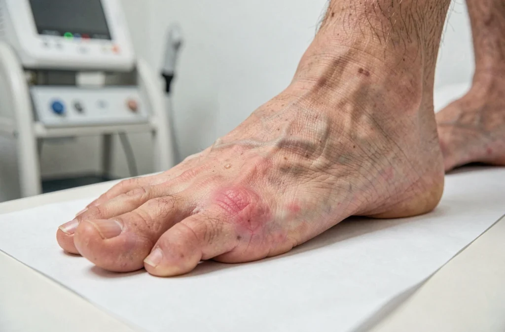 Gros plan sur un pied masculin présentant une inflammation de l'orteil caractéristique d'une bursite métatarso-phalangienne