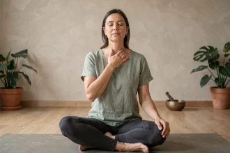 Femme pratiquant une méditation de chakra gorge bloqué, main posée sur la gorge dans un studio de yoga apaisant
