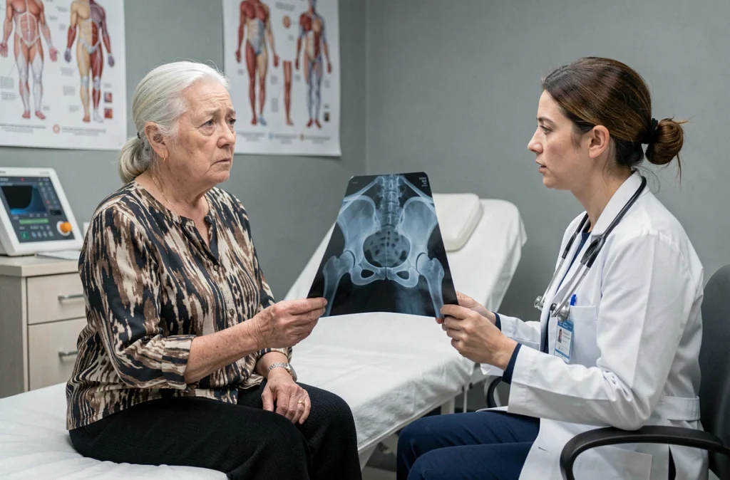 Femme âgée de 76 ans consultant une médecin pour son arthrose de la hanche avec une radiographie