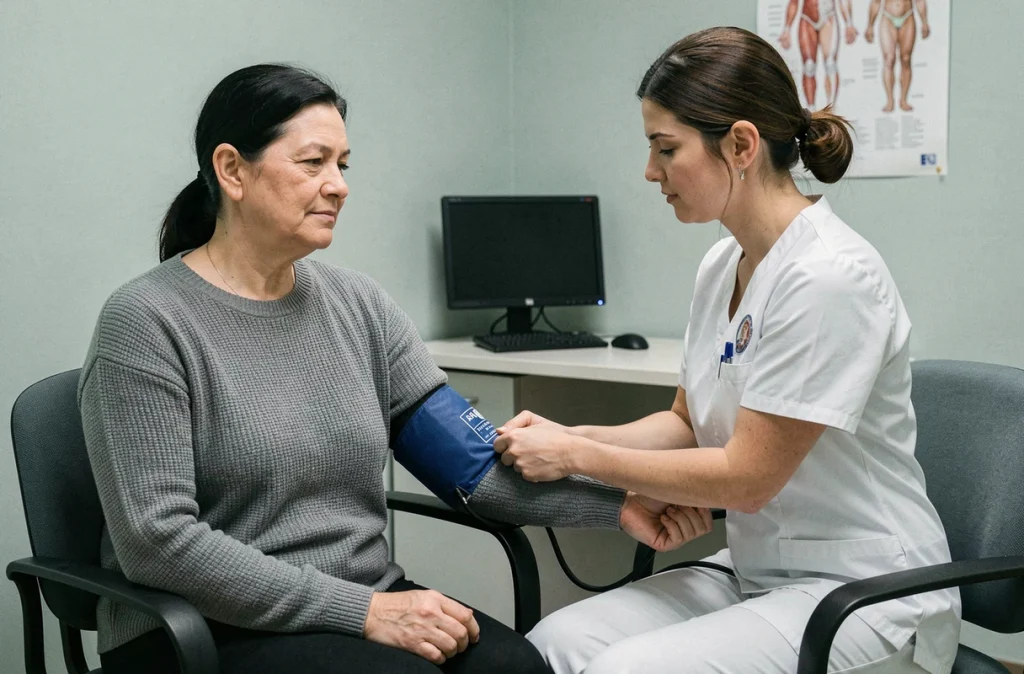 Femme en consultation médicale pour un contrôle de tension artérielle, représentant le dépistage de l'hypertension artérielle