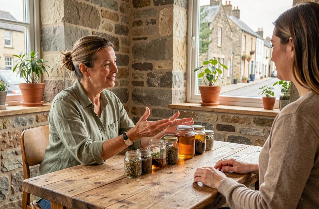 Naturopathe en consultation avec une cliente dans un espace bien-être minimaliste aux murs en pierre dans une ville moyenne