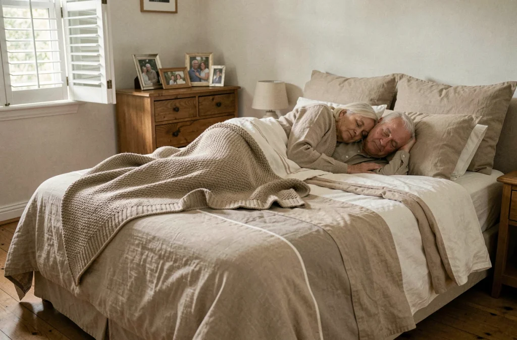 Un couple de personnes âgées dormant paisiblement ensemble dans leur chambre, illustrant l'impact positif d'un sommeil réparateur sur la santé des seniors