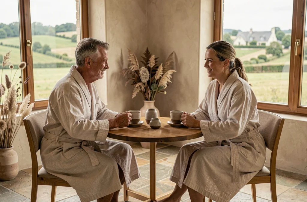 Couple en peignoir partageant une tisane dans le salon d'un hôtel spa du département du Cher en région Centre-Val de Loire