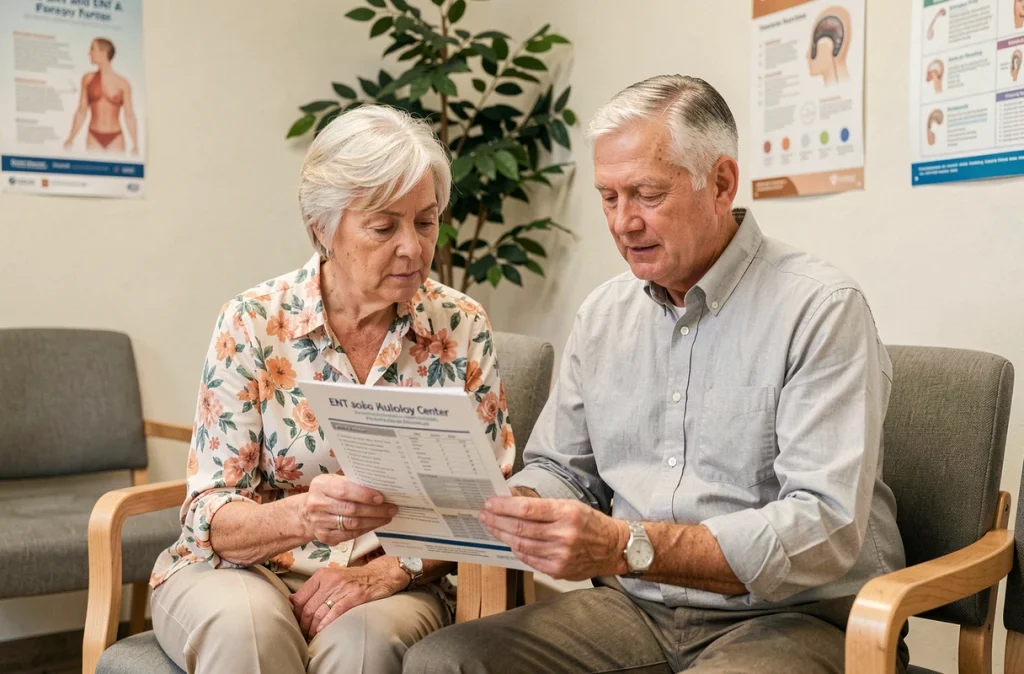 Un couple de seniors consultant une brochure sur les bilans auditifs dans la salle d'attente d'un centre d'audiologie