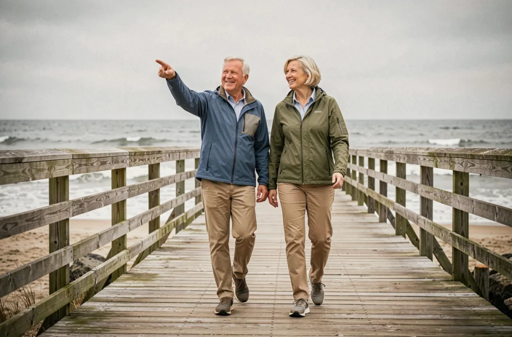 Couple de seniors marchant ensemble sur un bord de mer dans le cadre d'une routine santé quotidienne