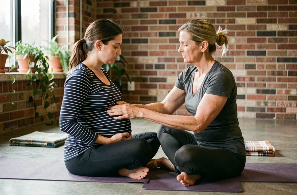 Instructrice de yoga prénatal guidant une femme enceinte dans des exercices de respiration profonde en studio