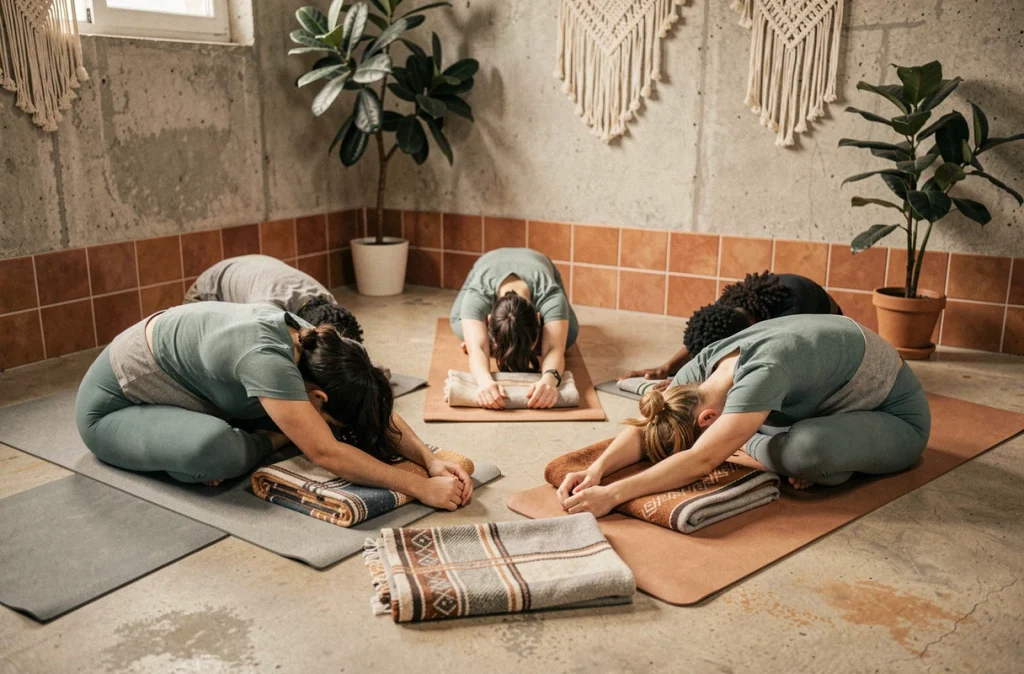 Groupe de femmes enceintes pratiquant une pose de relaxation en cercle lors d'un cours de yoga prénatal en studio