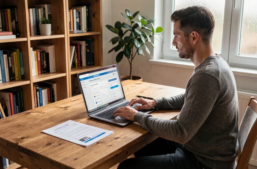 Homme utilisant un ordinateur portable pour effectuer ses démarches CPAM en ligne depuis chez lui afin d'éviter les files d'attente