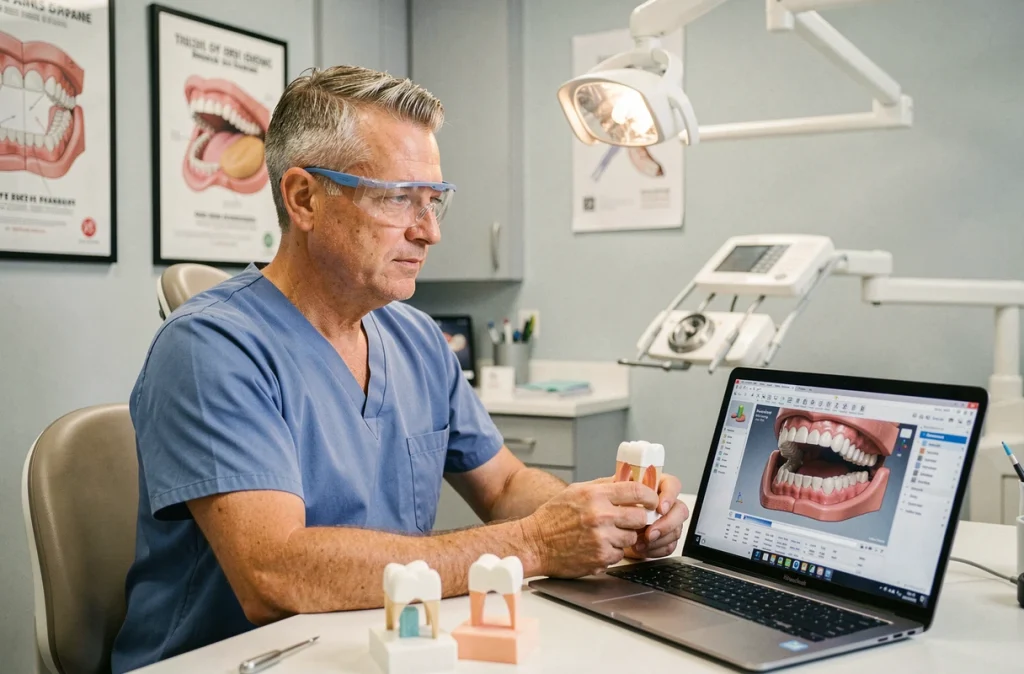 Dentiste examinant des modèles dentaires imprimés en 3D sur son bureau avec un logiciel CAO dentaire ouvert en arrière-plan