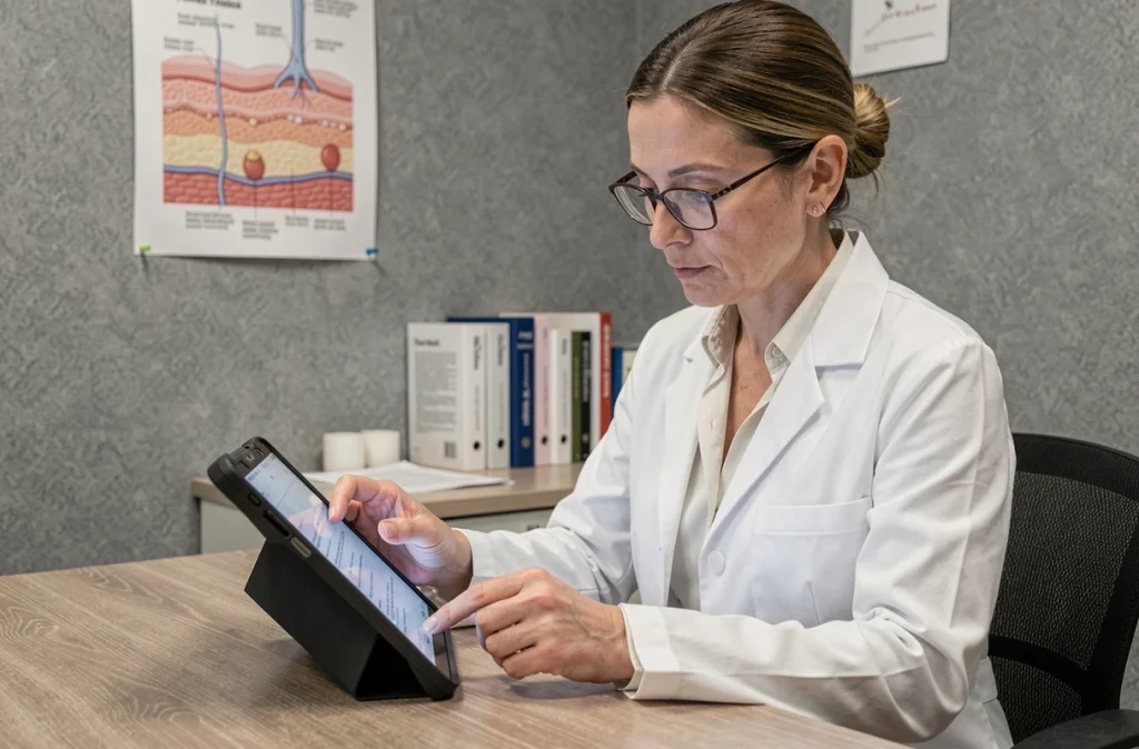 Dermatologue analysant des résultats de biopsie cutanée liés à une maladie auto-immune dans un cabinet médical professionnel
