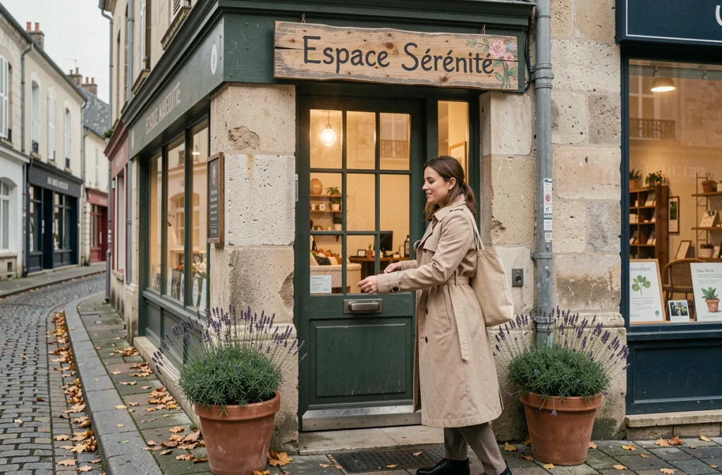 Devanture d'un salon de bien-être avec une cliente à l'entrée dans une rue piétonne d'une ville moyenne française