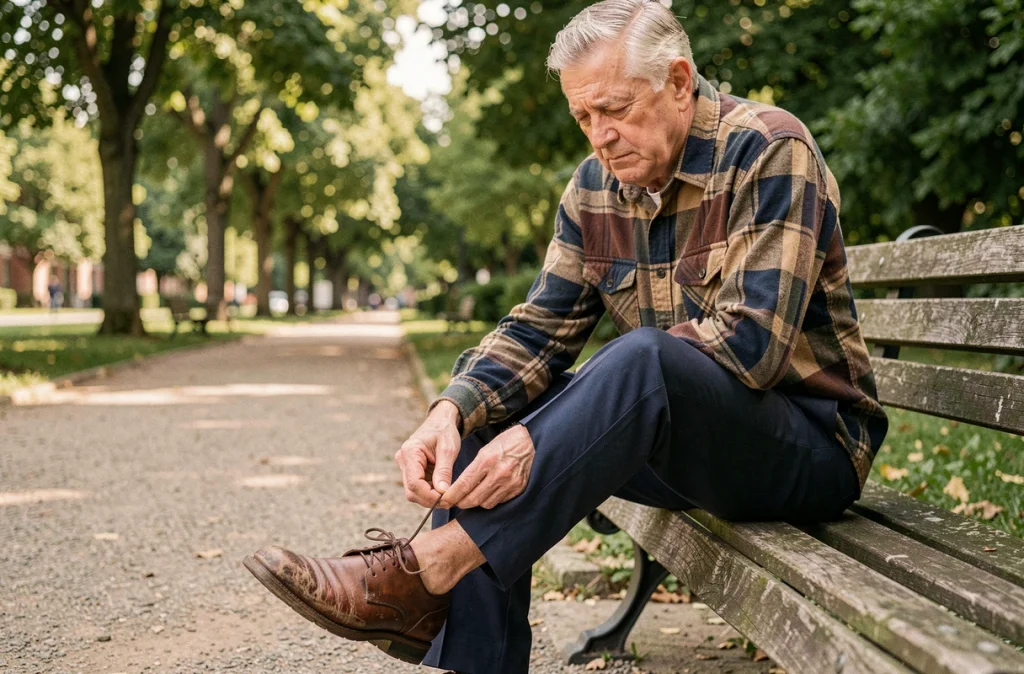 Homme âgé retirant sa chaussure sur un banc de parc en raison d'une douleur à l'orteil liée à une bursite