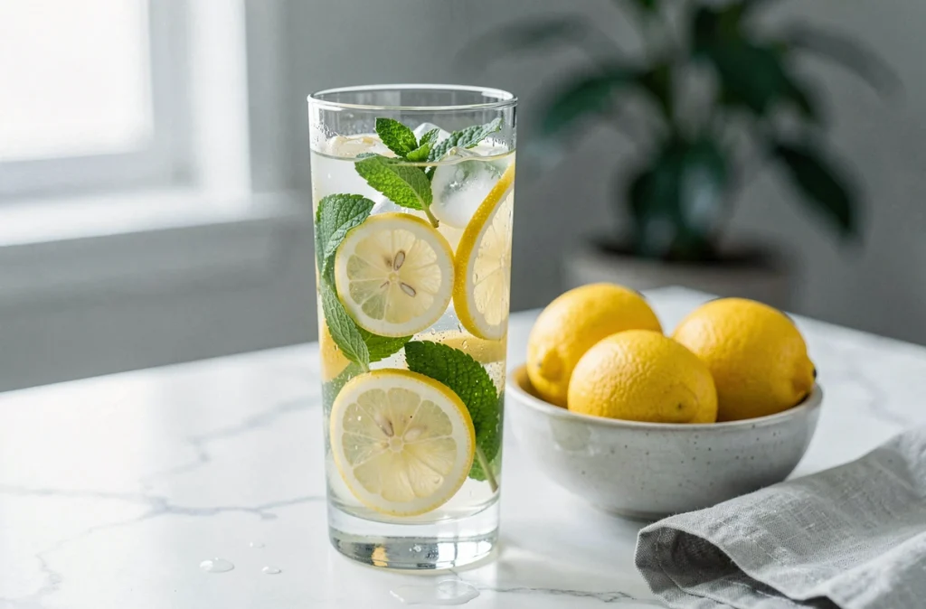 Verre d'eau détox au citron et à la menthe sur marbre blanc, boisson minceur naturelle riche en vitamines