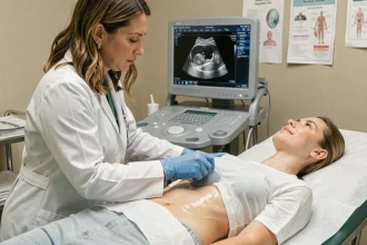 Médecin réalisant une échographie abdominale sur une patiente dans un cabinet médical moderne