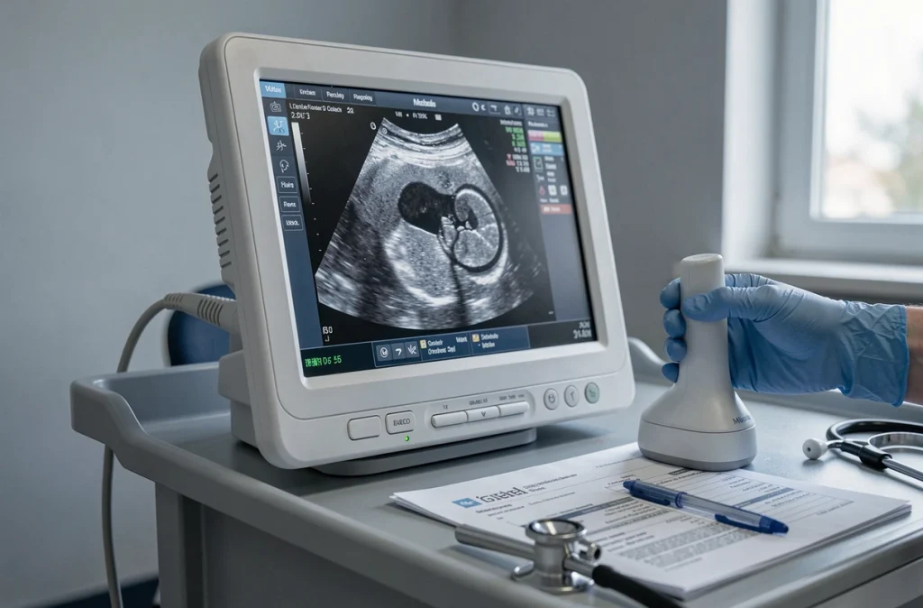 Écran d'échographie affichant une image abdominale en niveaux de gris dans une salle de consultation médicale