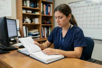 Ergothérapeute en consultation de bureau dans une clinique de rééducation, révisant des dossiers patients avec une expression concentrée