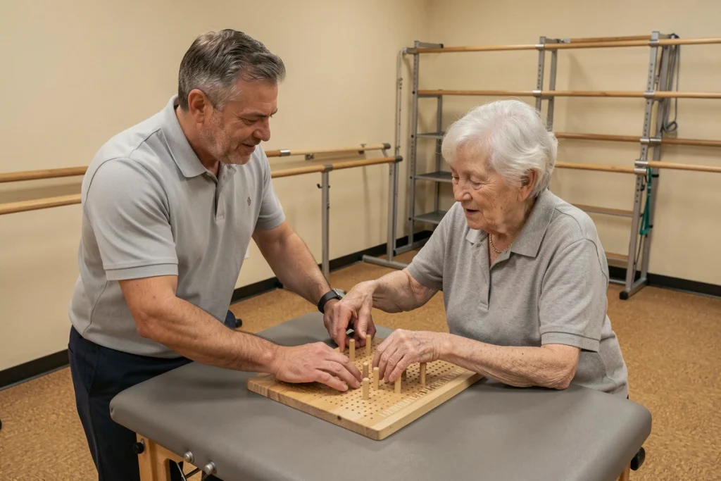 Ergothérapeute masculin accompagnant une patiente âgée lors d'un exercice de coordination manuelle en salle de rééducation