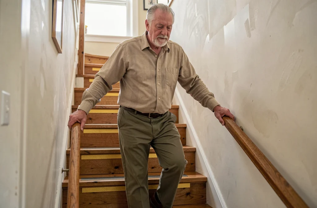 Homme senior descendant un escalier intérieur sécurisé avec main courante et bandes antidérapantes pour éviter les chutes