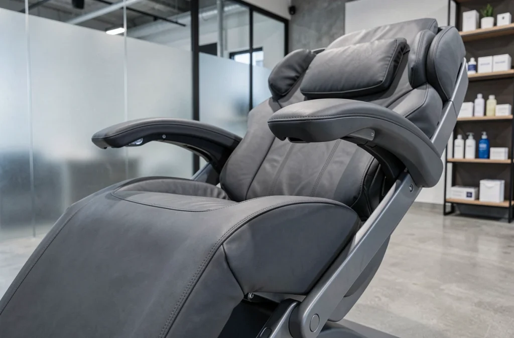 Fauteuil de massage robotisé professionnel haut de gamme exposé dans une salle de présentation de physiothérapie moderne