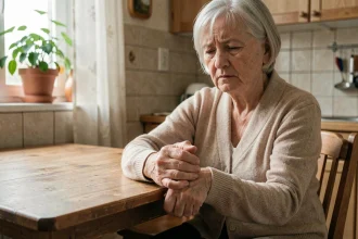 Femme âgée de 74 ans massant ses mains douloureuses à cause de l'arthrose dans sa cuisine