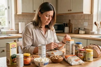 Femme adulte examinant des étiquettes alimentaires à la recherche d'allergènes dans une cuisine domestique