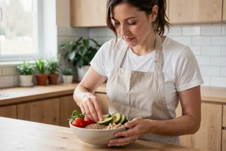Femme préparant un bol de légumes riches en fibres dans une cuisine moderne en bois et carrelage blanc