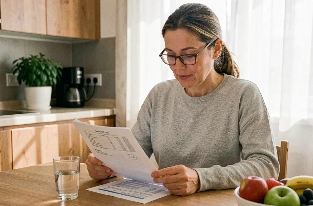 Femme en bonne santé consultant un rapport médical sur le taux de Gamma GT et la santé du foie à la maison